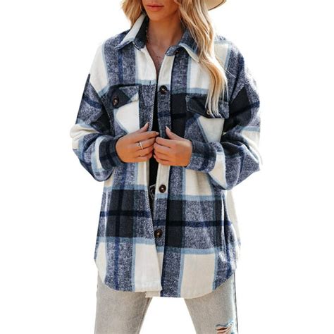 Womens Flannel Shacket Jacket Casual Plaid Wool Blend Button Down Long Sleeve Shirt Fall Clothes