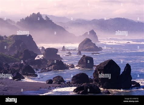 Morning Mist Along Oregon Coast Near Nesika Beach Oregon Stock Photo