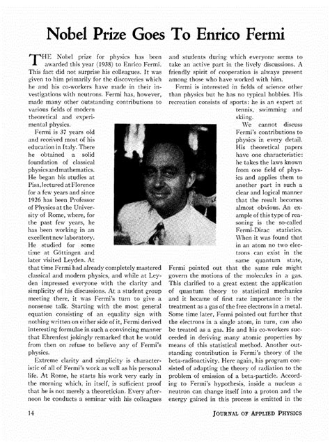 Nobel Prize Goes To Enrico Fermi | Journal of Applied Physics | AIP ...