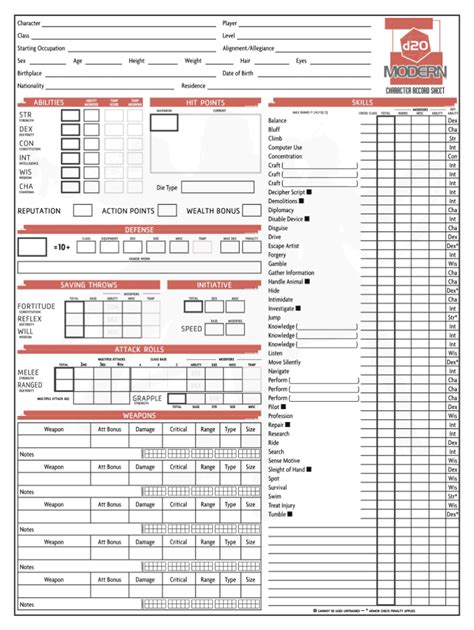 D20 Modern Character Sheet Pdf Fillable Fillable Form 2024