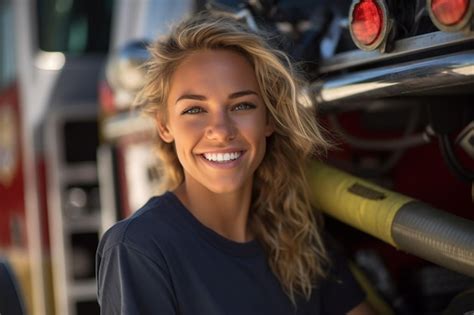 Premium Ai Image A Smiling Female Firefighter In Front Of The Fire