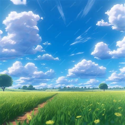 Premium Photo | Anime scenery of a field with a path and trees ...