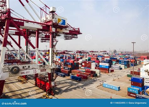 Shanghai Container Terminal At Dusk, One Of The Largest Cargo Port In ...