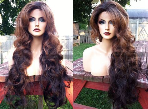 Human Hair Blend Lace Front Wig Brown 4x4 Swiss Lace Auburn Ombre Long Wig Wavy