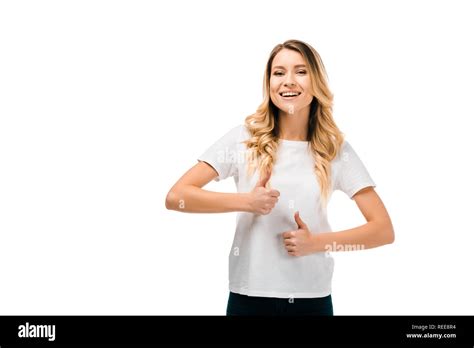 Happy Blonde Girls Showing Thumbs Up And Smiling At Camera Isolated On White Stock Photo Alamy
