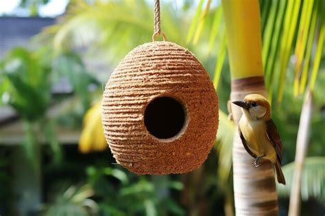 Premium Photo Coconut Shell Transformed Into A Bird Feeder