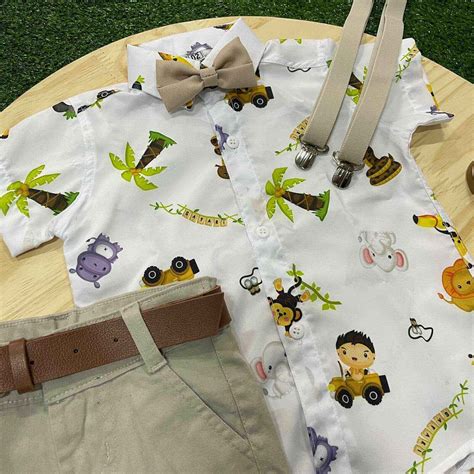 Bermuda Nude Camisa Safari Branca e Kit Gravata e Suspensório Infantil