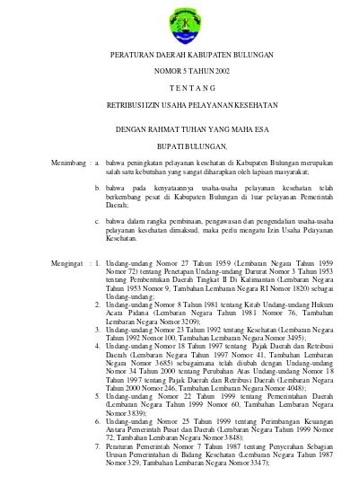 Perda No 5 Tahun 2002 Ttg Ret Izin Usaha Pelayanan Kesehatan