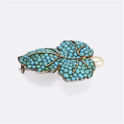 Victorian Turquoise And Pearl Fig Leaf Brooch Butter Lane Antiques