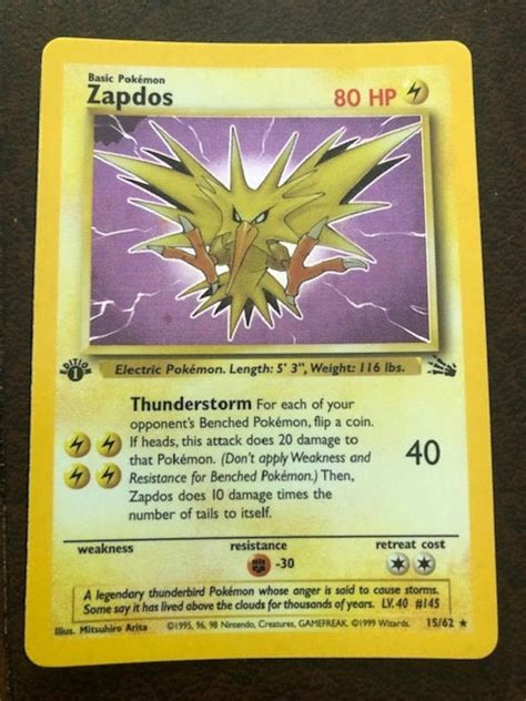 Pokemon Zapdos Edition 1 Holographic Card, Wizards of the Coast, 1999 ...