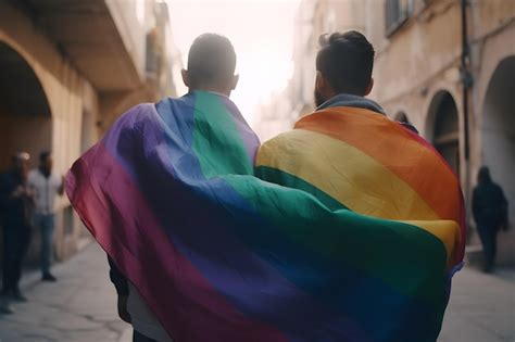 Premium Photo Gay Couple With Rainbow Lgbt Flag On Gay Pride Parade