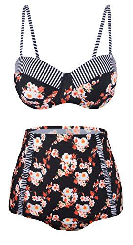 Angerella Damen Vintage Floral Muster Badeanzug Bikini Set Mit Hoher