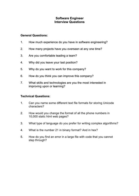 Software Engineer Interview Questions Template printable pdf download