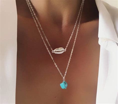 Collier Multirangs Coquillage Argent Pierre Turquoise BIJOUX BY JULIE