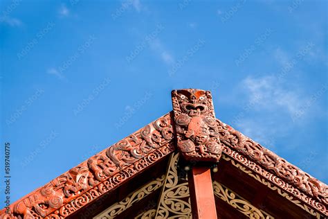 maori traditional wooden carving, marae, new zealand culture Stock Photo | Adobe Stock