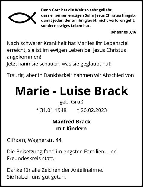 Traueranzeigen Von Marie Luise Brack Trauer Anzeigen De