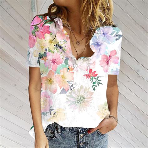 ATIXEL Shirts for Women Summer Casual Cotton Linen Short Sleeve T Shirt Loose Fit Button Down ...