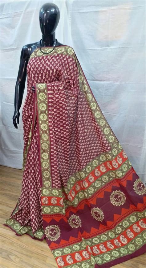 Cotton Casual Wear Ajrakh Hand Printed Saree 6 3 M With Blouse Piece