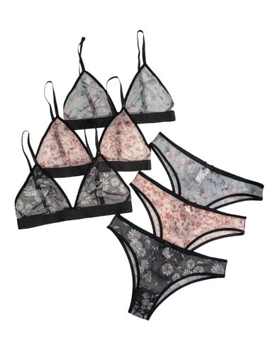 Beaudrm Women S Pack Floral Print Sheer Sexy Lingerie Set Wireless Low Rise Mesh Cheeky