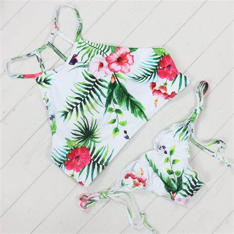 White Tropical Print Bikini Set Bikinis Bikini Set Tropical Print