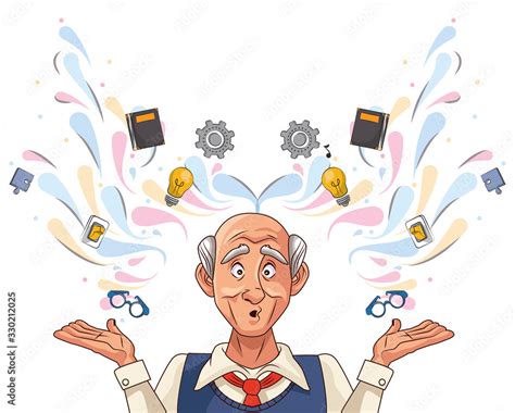 Old Man Patient Of Alzheimer Disease With Set Icons Stock Vector