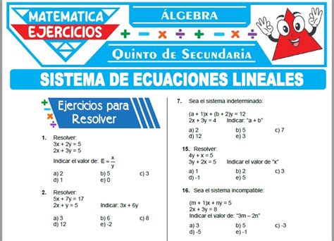 Ejercicios De Sistema De Ecuaciones Lineales Para Quinto De Secundaria