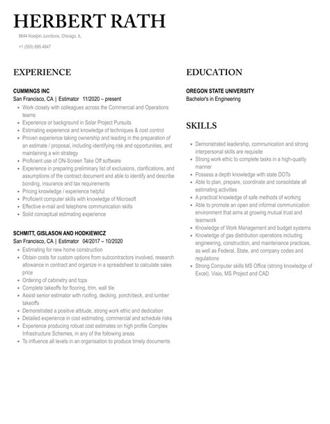 Estimator Resume Samples Velvet Jobs