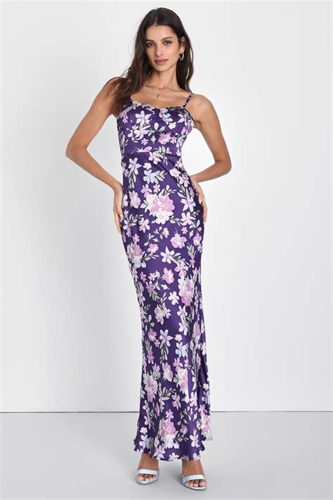 Purple Floral Maxi Dress Satin Floral Dress Bustier Dress Lulus