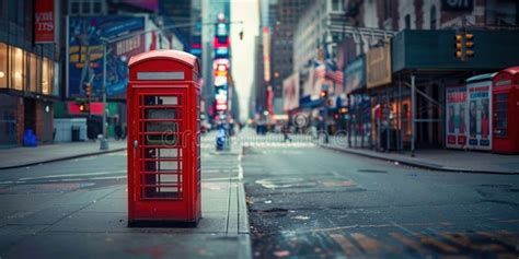 Iconic Red Telephone Booth In Empty City Street Generative Ai Stock