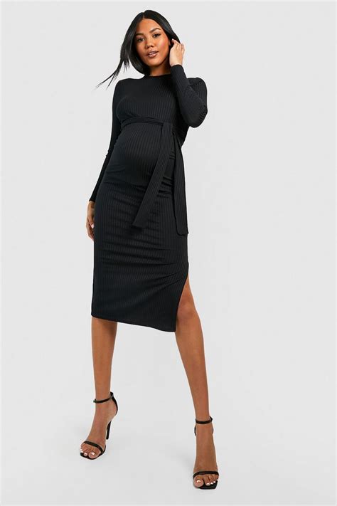 Womens Maternity Soft Rib Belted Split Midi Dress Boohoo Uk