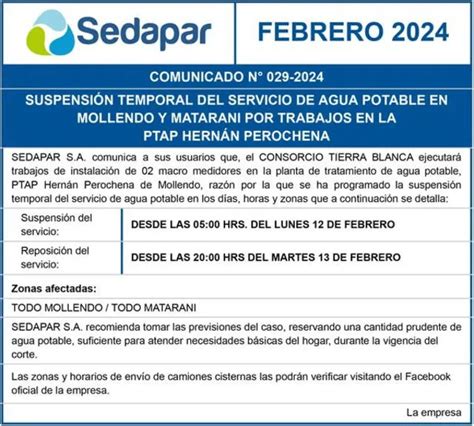 Corte de agua en Arequipa del 12 al 13 de febrero qué zonas serán