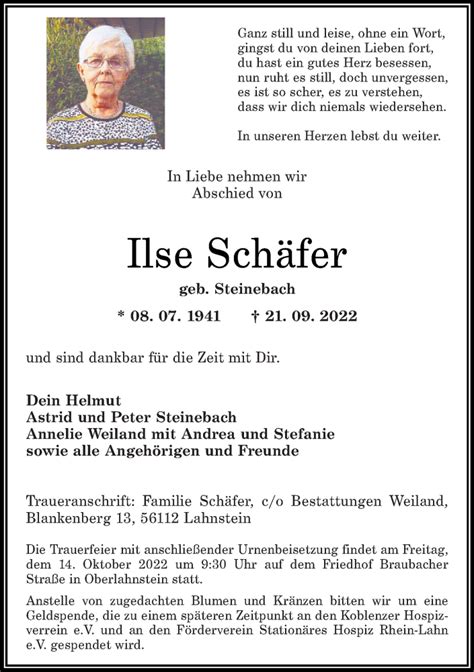 Traueranzeigen von Ilse Schäfer rz trauer de