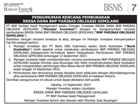 Pengumuman Rencana Pembubaranreksa Dana Bnp Paribas Obligasi Gemilang