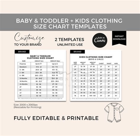 Editable Baby Toddler Clothes Size Chart Template Canva, Kids Clothing