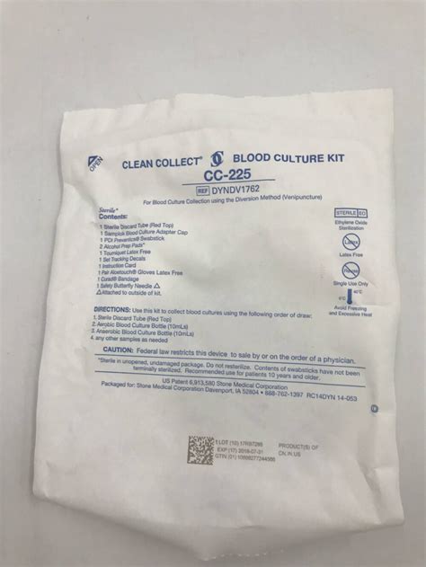 Medline Dyndv1762 Clean Collect Blood Culture Kit Cc 225 X Gb Tech Usa