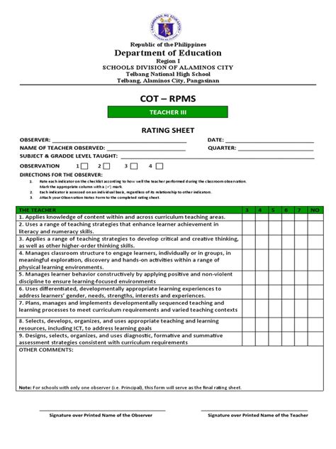 Cot Rpms Rating Sheet Observation Notes Form And Inter Observer