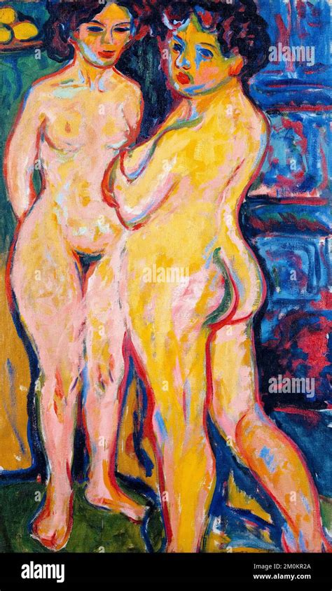 Ernst Ludwig Kirchner Naked Girls Standing At A Stove Painting In Oil On Canvas Stock