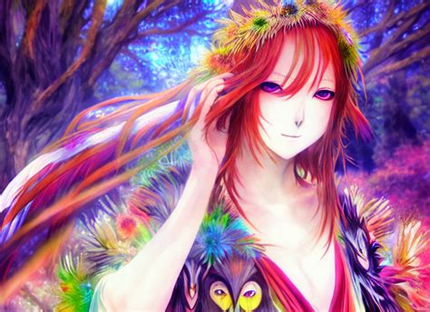 Krea Anime Full Body Portrait Mother Of The Forest Colorful Ritual Feathered Robe Omoide