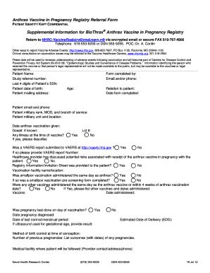 Fillable Online Vaccines Anthrax Vaccine In Pregnancy Referral Form