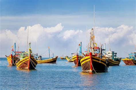 Los Barcos De Pesca Tradicionales Coloridos Cerca De Mui Ne Binh Thuan