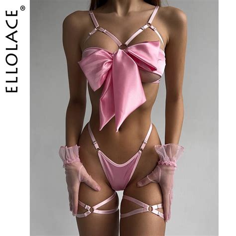 Ellolace Bowknot Lingerie Open Bra Lace Up Sexy Underwear Piece Satin