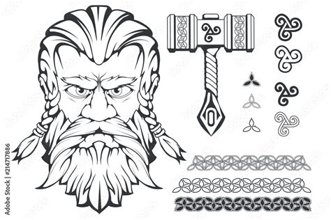 Scandinavian god of thunder and storm. Hand drawing of Thor's Head. The ...