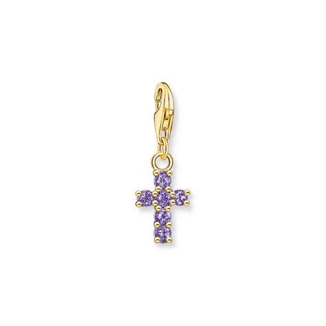 Thomas Sabo Charm Anhänger Kreuz mit violetten Steinen vergoldet