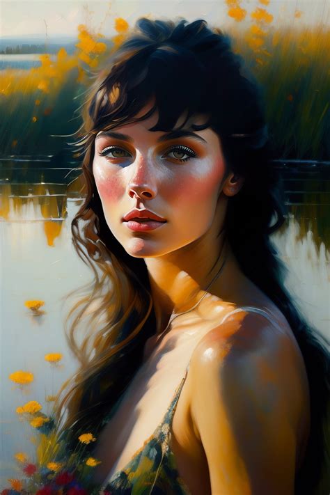 Beautiful Girl Near A Lake Flowers Oil Painting Style Female Art