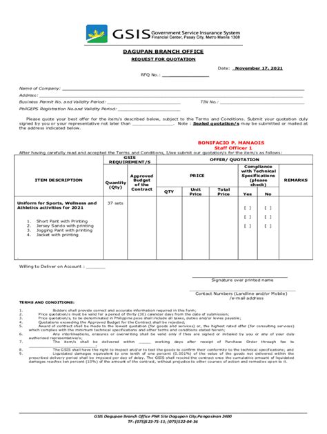 Fillable Online Request For Quotation Negotiated Procurement Two