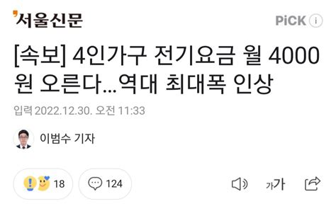 속보 4인가구 전기요금 월 4000원 오른다역대 최대폭 인상 정치시사 에펨코리아