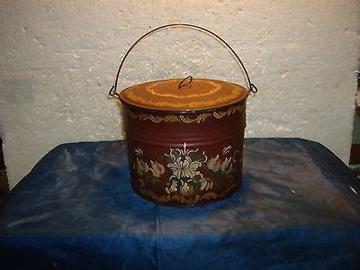 Antique Tin Red Pale Canister Toleware Handpainted Flowers Signed B C P