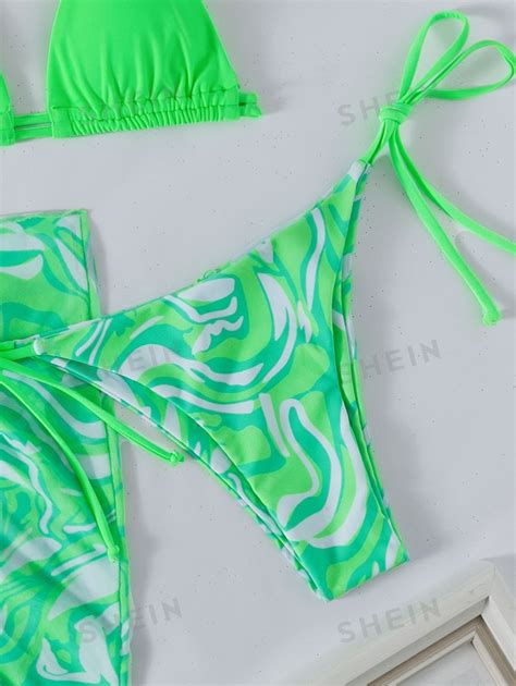 Shein X Hangout Fest Shein Swim Verão Praia Halter Triângulo Neon Topo