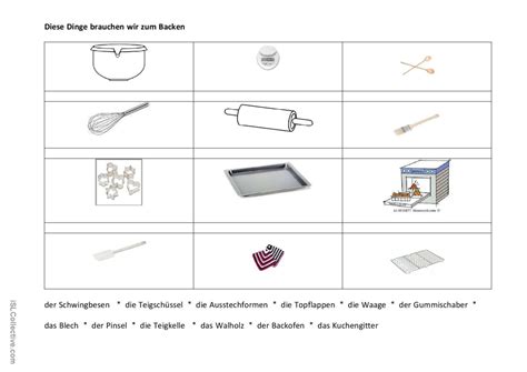 Backen Utensilien Deutsch DAF Arbeitsblätter pdf doc