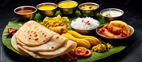 Selection of South Indian dishes served on a banana leaf with various ...